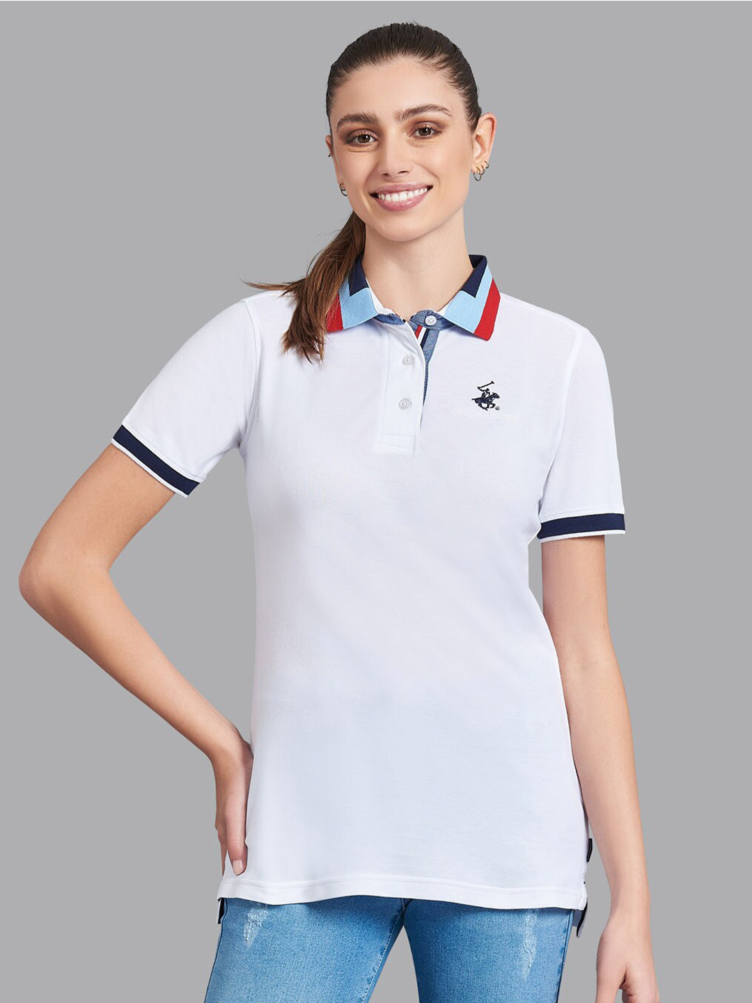 

Beverly Hills Polo Club Women White Polo Collar Applique T-shirt