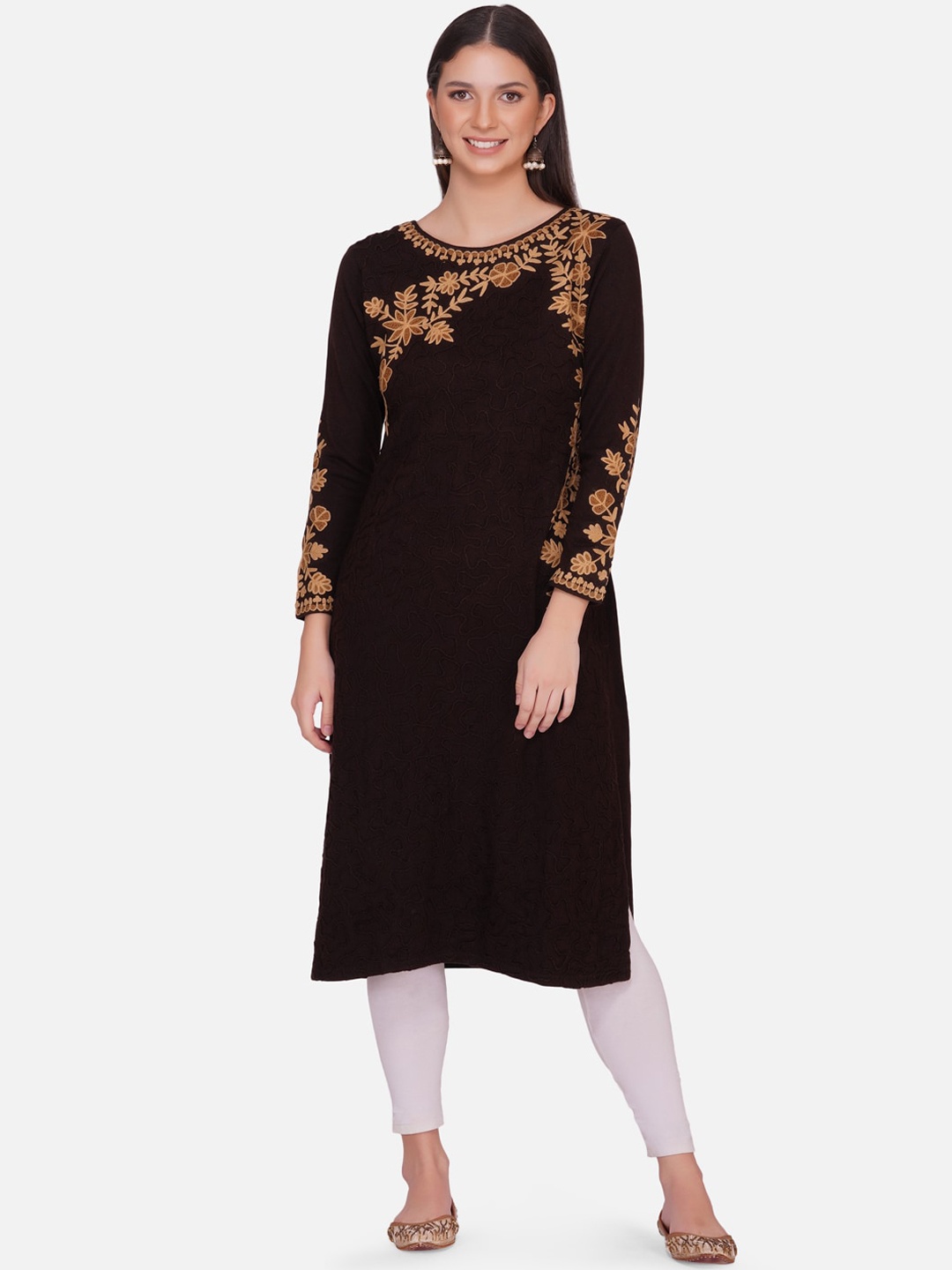 

FABNEST Women Brown Floral Thread Work Straight Kurta