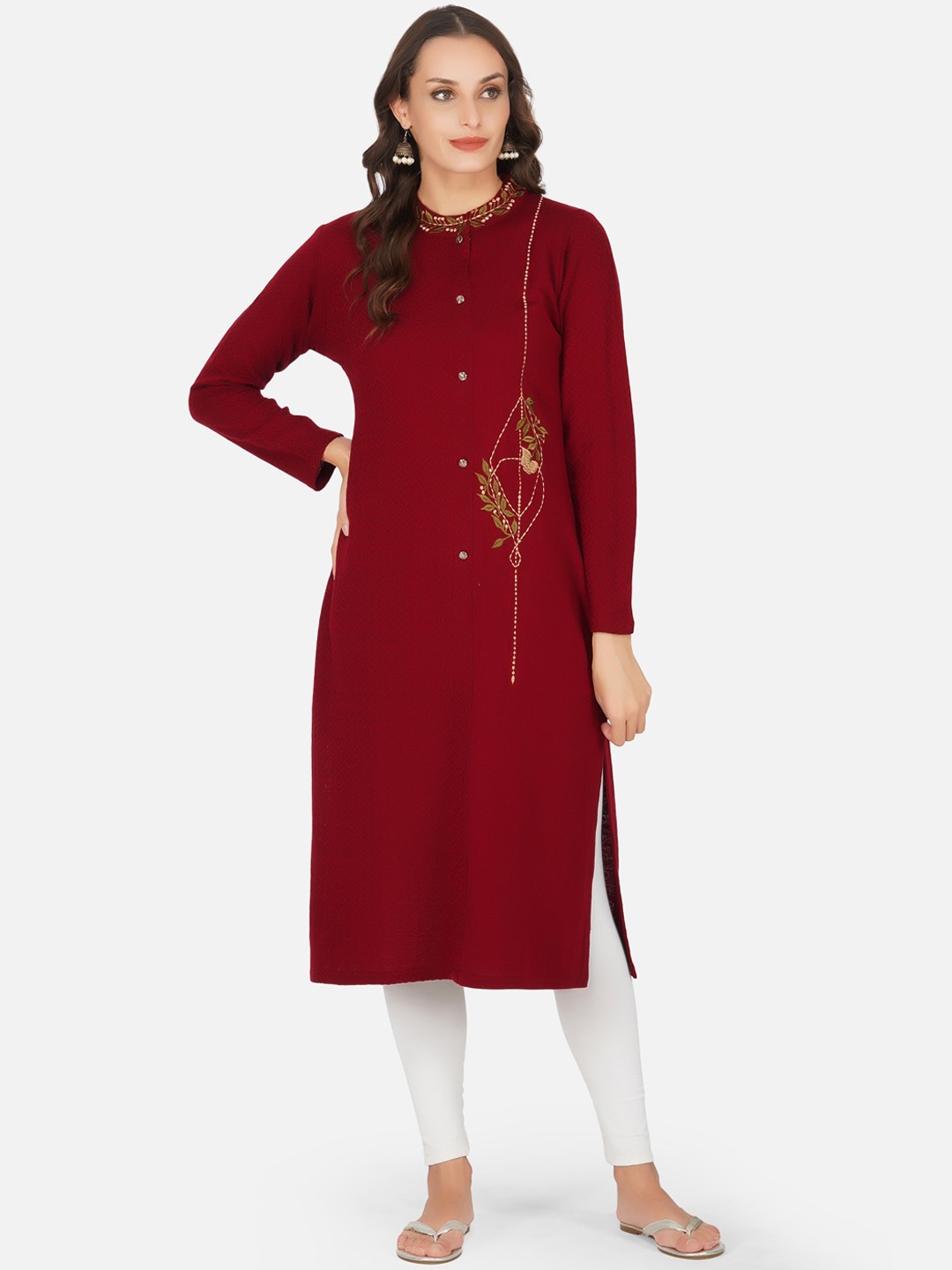 

FABNEST Women Brown Ethnic Motifs Embroidered Flared Sleeves Thread Work Kurta