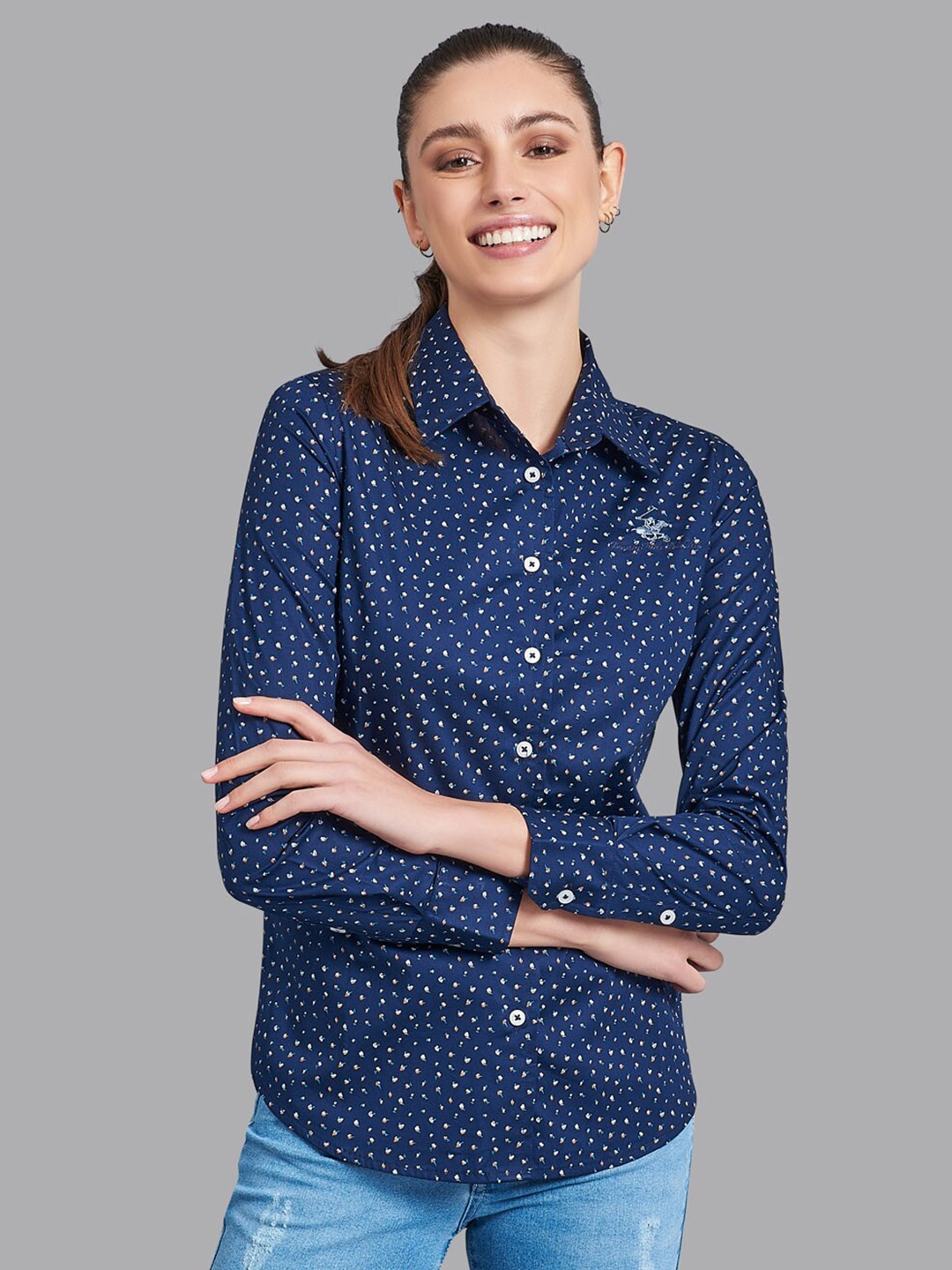 

Beverly Hills Polo Club Women Navy Blue Slim Fit Opaque Printed Formal Shirt