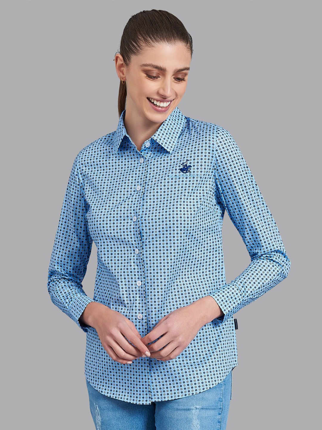 

Beverly Hills Polo Club Women Blue Slim Fit Opaque Printed Formal Shirt