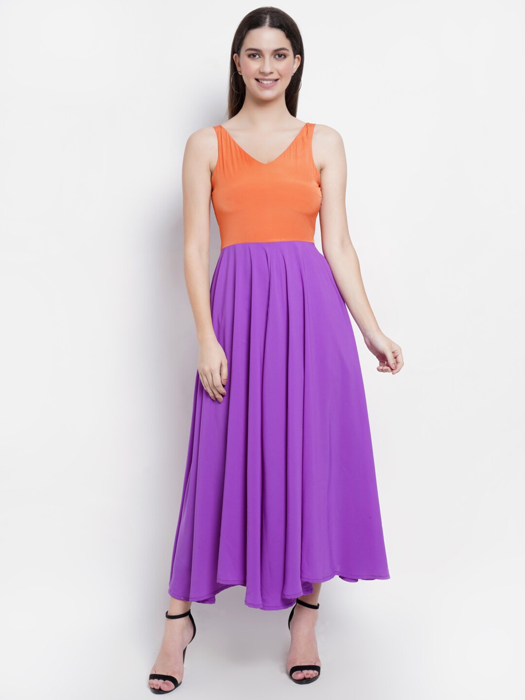 

DODO & MOA Orange Colourblocked Crepe Maxi Dress