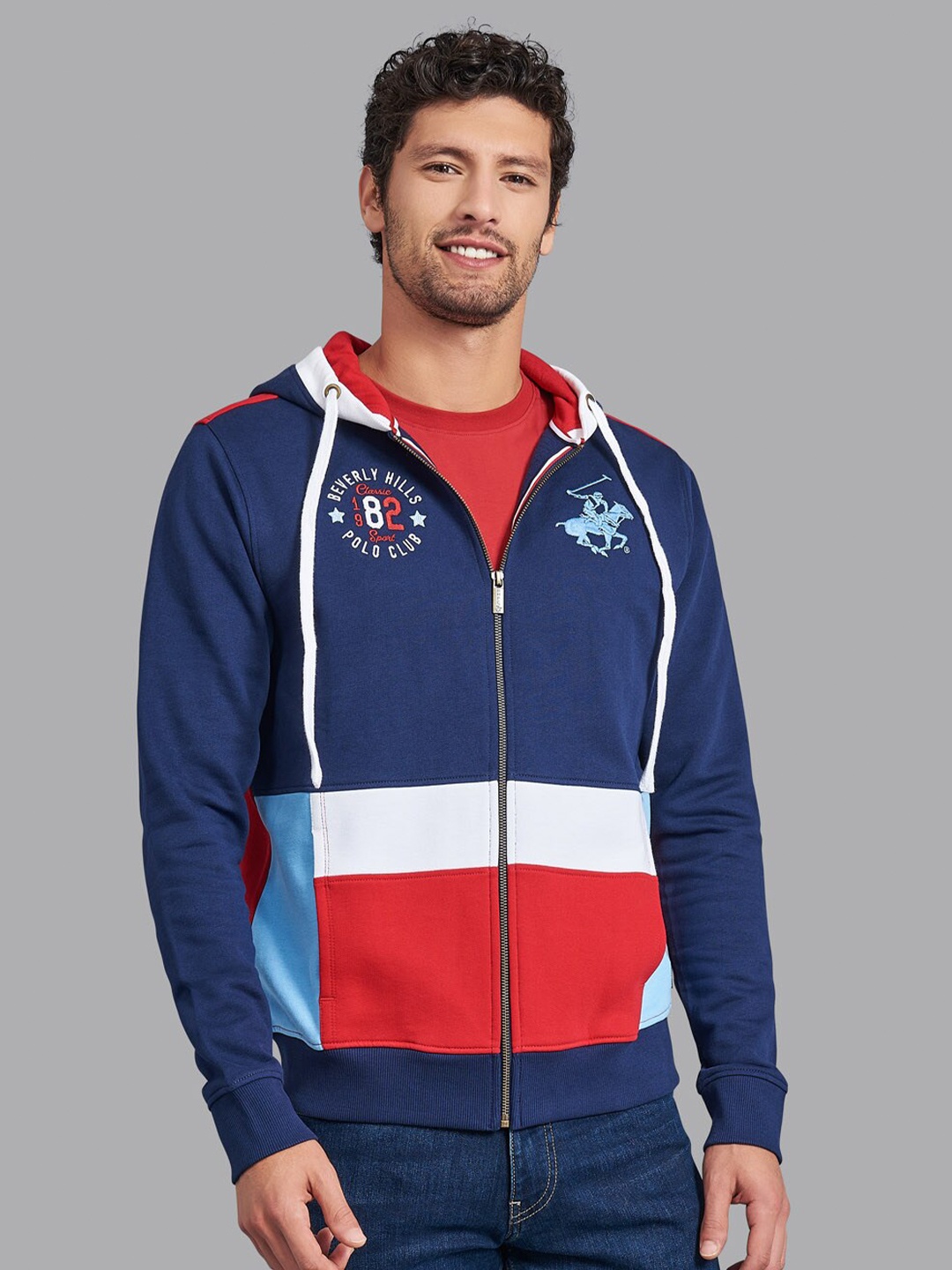 

Beverly Hills Polo Club Men Navy Blue Colourblocked Hoodie Sweatshirt