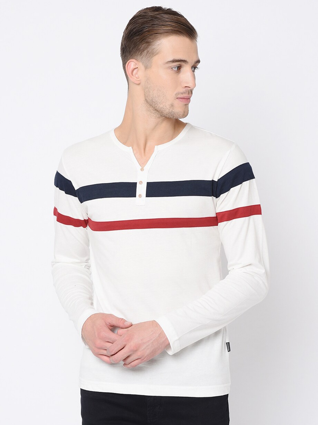 

Rigo Men White & Red Striped Henley Neck Slim Fit Cotton T-shirt