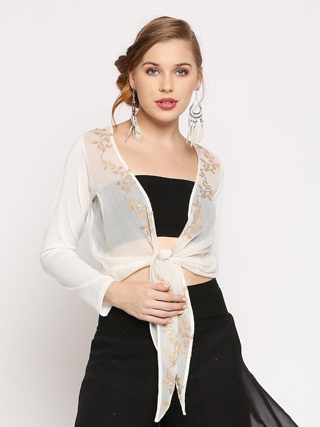 

Ira Soleil Women White & Gold-Toned Floral Printed Open Front Shrug