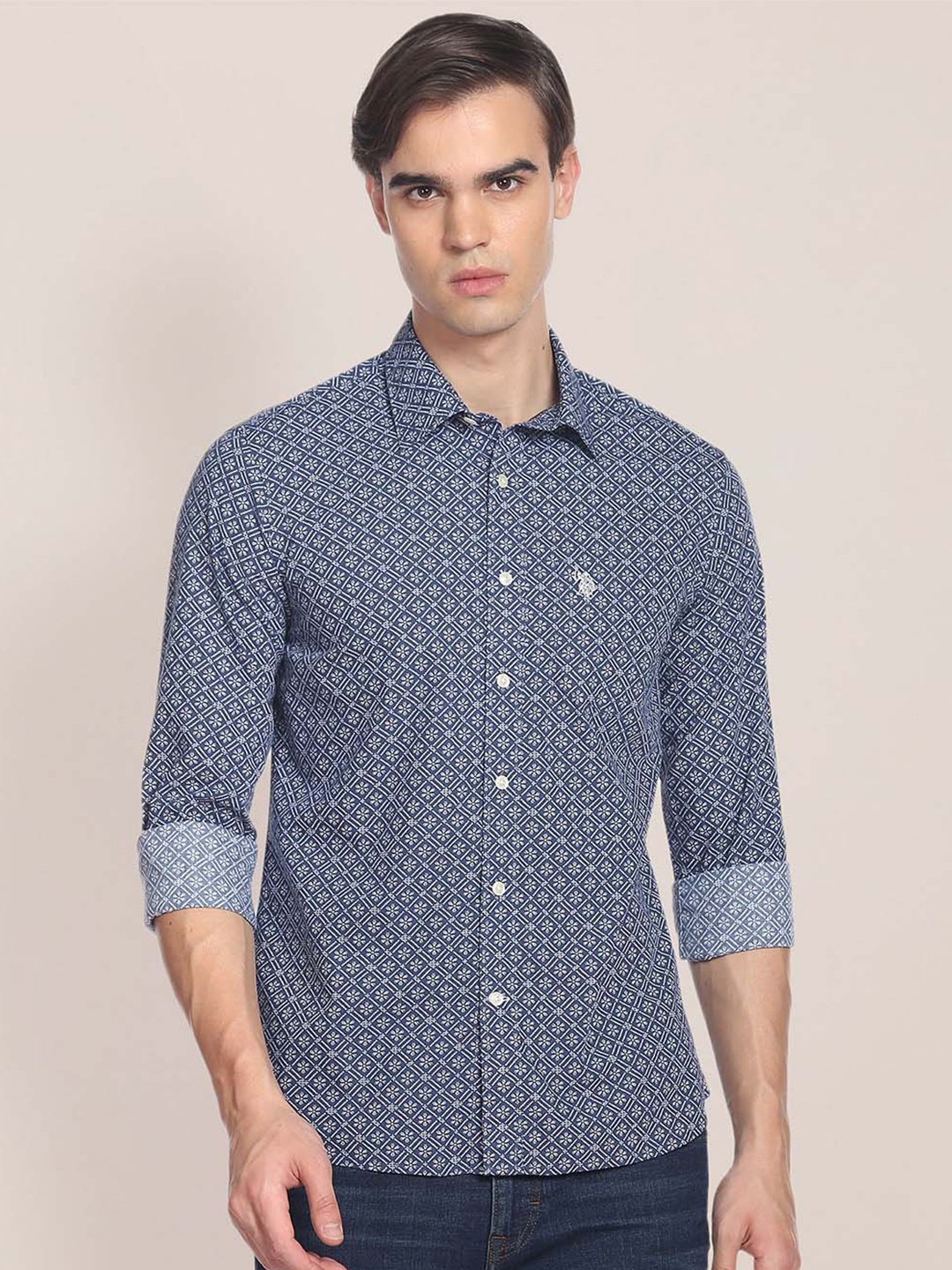 

U S Polo Assn Men Blue Opaque Printed Casual Shirt