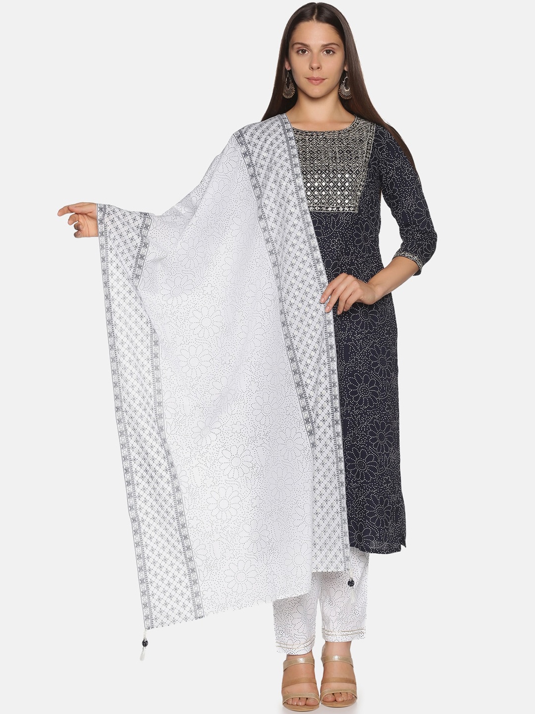 

Palakh Women Navy Blue Printed Regular Kurta with Trousers & With Dupatta