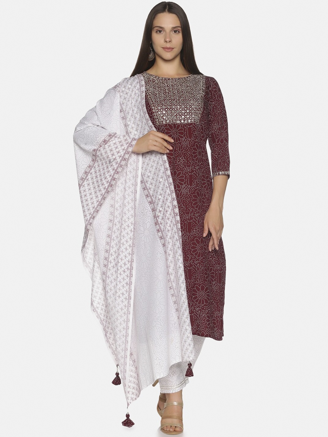 

Palakh Women Brown Floral Embroidered Regular Kurti with Trousers & With Dupatta