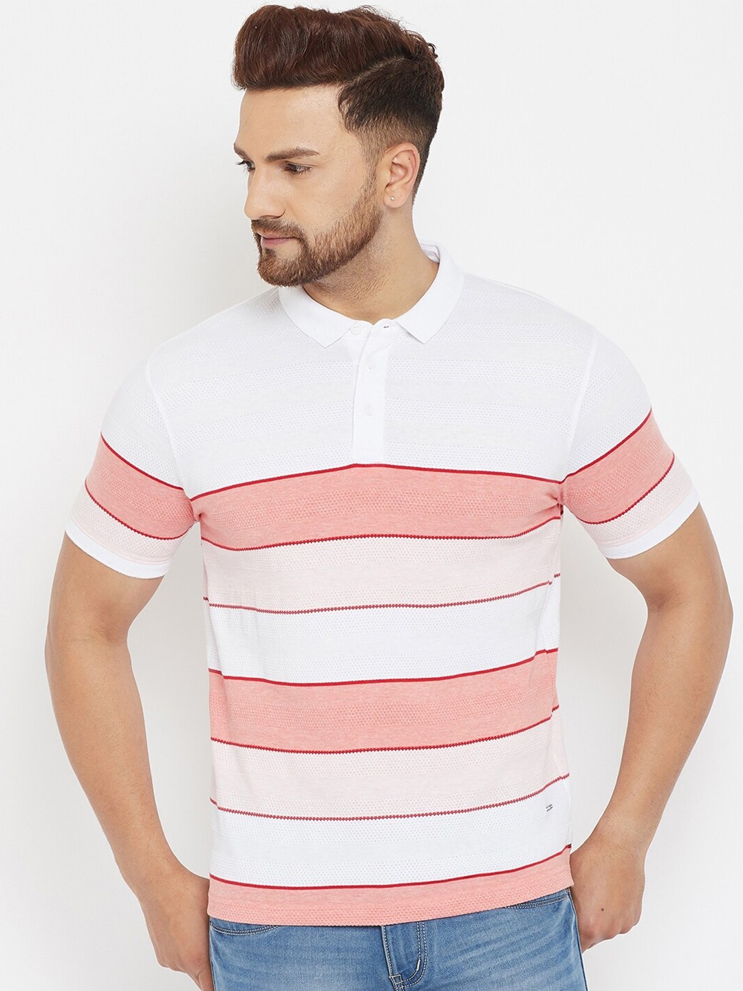 

Crimsoune Club Men White & Peach-Coloured Striped Polo Collar Slim Fit T-shirt