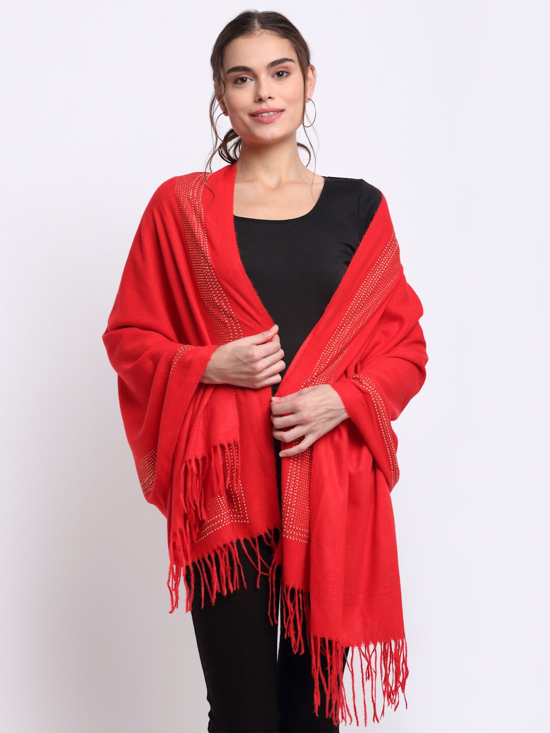 

LOOM LEGACY Women Red Embellished Stole With Tasseled Border