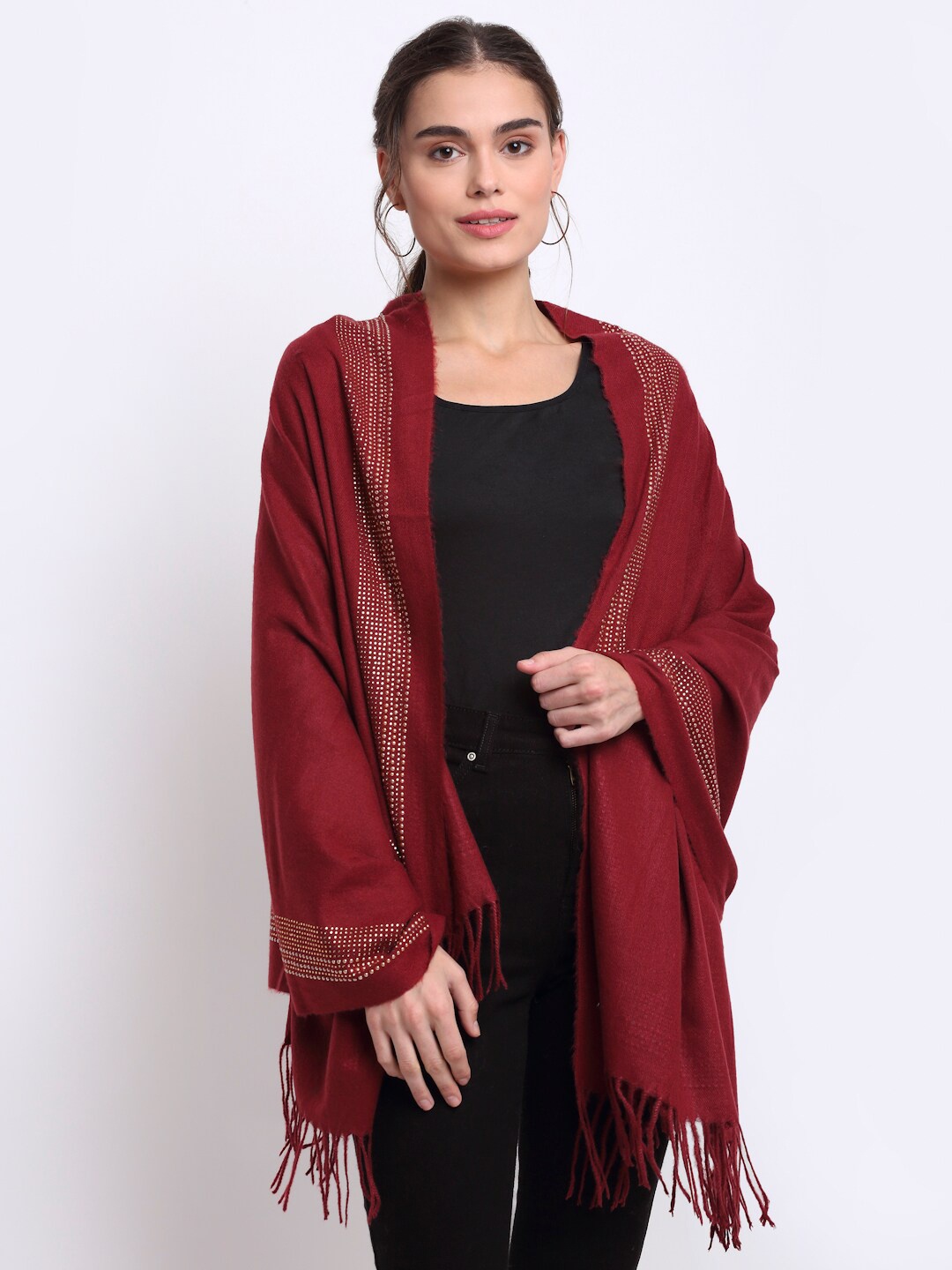 

LOOM LEGACY Women Maroon Embellished Stole With Tasseled Border