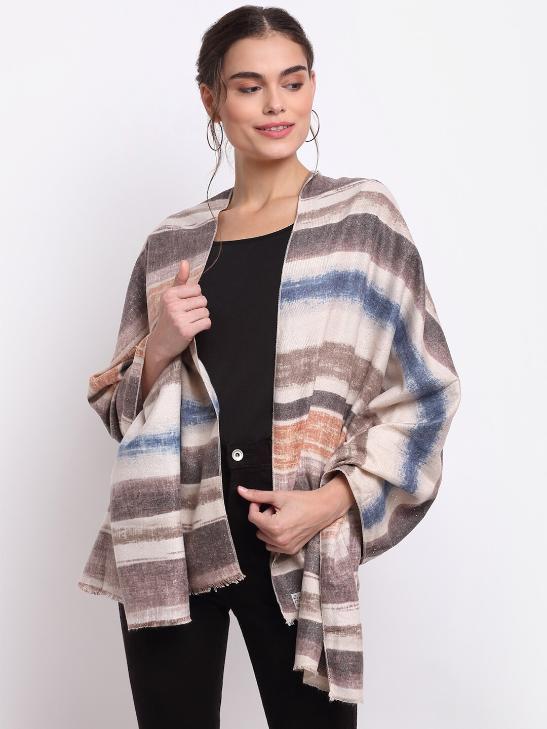 

LOOM LEGACY Women Grey & Blue Striped Stole With Frayed Border