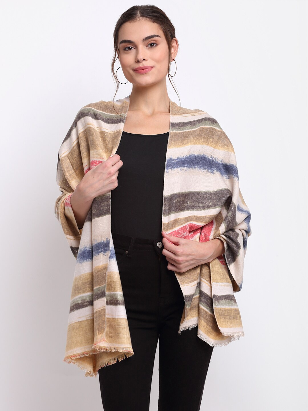 

LOOM LEGACY Women Beige & Pink Striped Stole