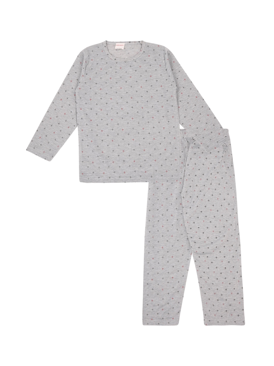 

RAINE AND JAINE Boys Grey Melange & Black Printed Pure Cotton Night suit