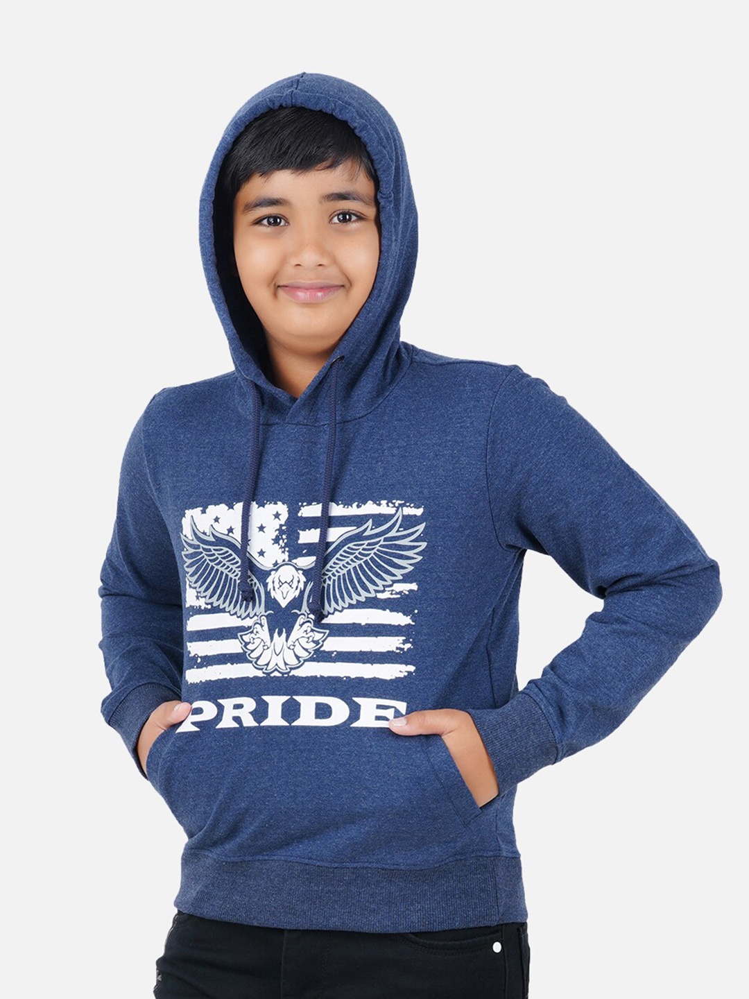 

PRIDE APPAREL Boys Navy Blue Printed Hooded Sweatshirt