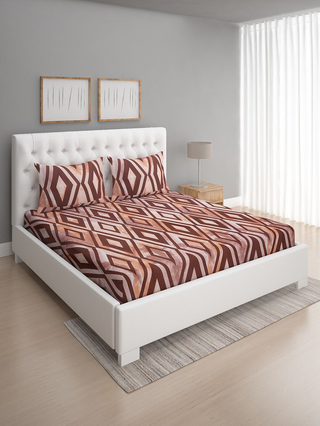 

ROMEE Brown Geometric 144 TC Queen Bedsheet With 2 Pillow Covers
