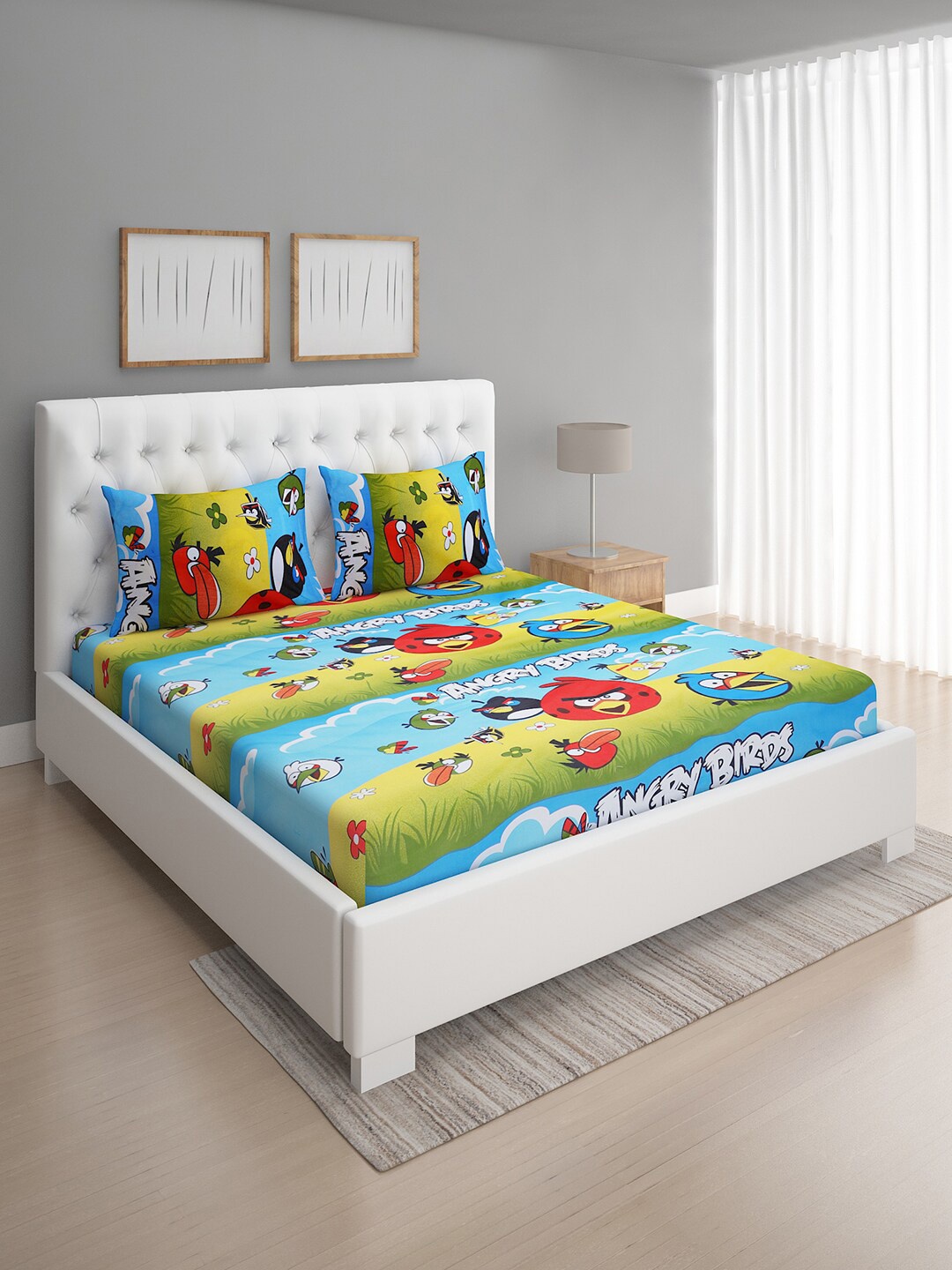 

ROMEE Green & Red Angry Bird 144 TC Queen Bedsheet With 2 Pillow Covers