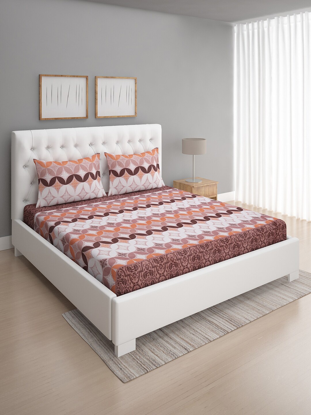 

ROMEE Peach & White Ethnic Motifs Printed 144 TC Queen Bedsheet With 2 Pillow Covers