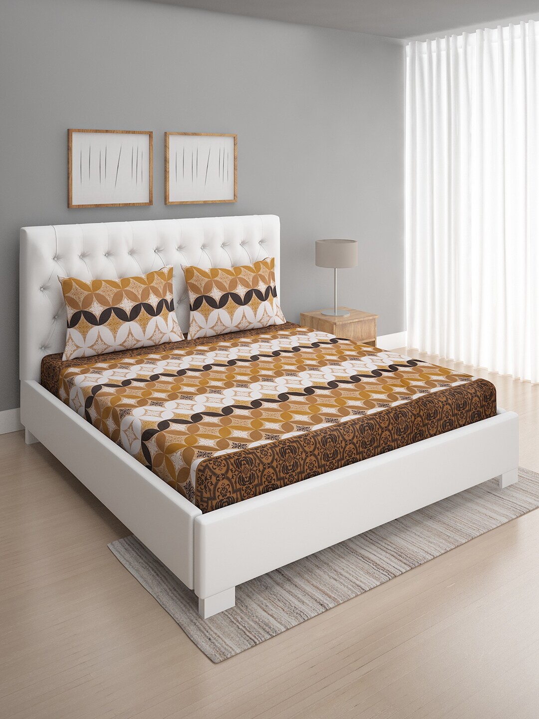 

ROMEE Brown & White Ethnic Motifs 144 TC Queen Bedsheet With 2 Pillow Covers