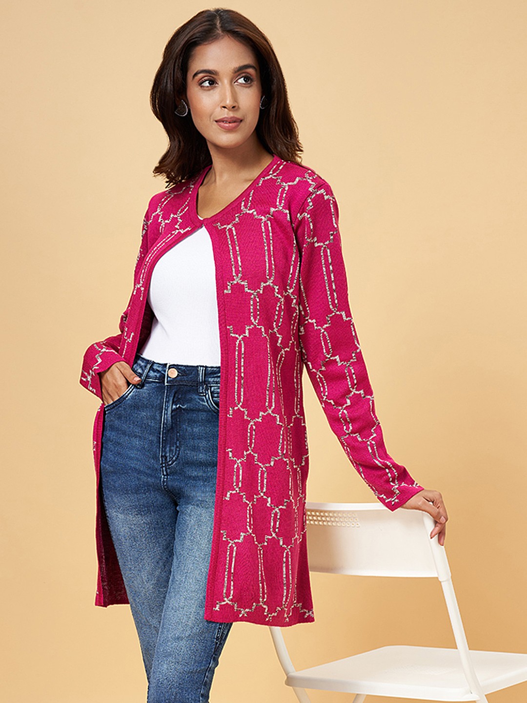 

RANGMANCH BY PANTALOONS Women Pink White Geometric Acrylic Longline Open Front Jacket