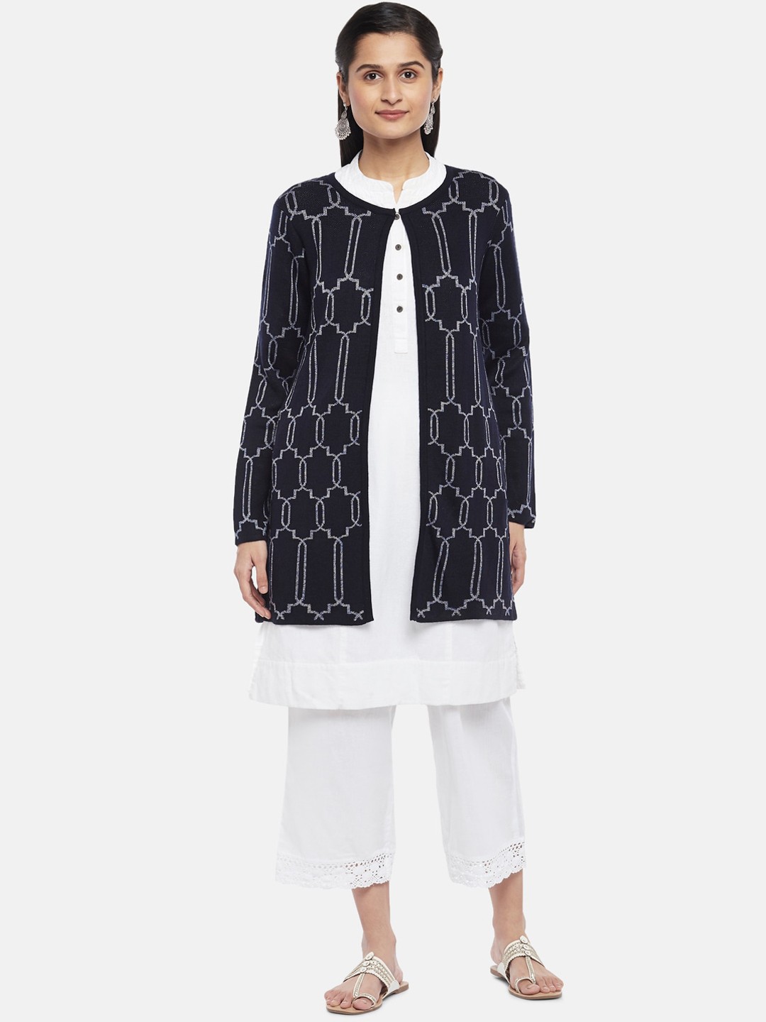 

RANGMANCH BY PANTALOONS Women Navy Blue Geometric Acrylic Longline Tailored Jacket