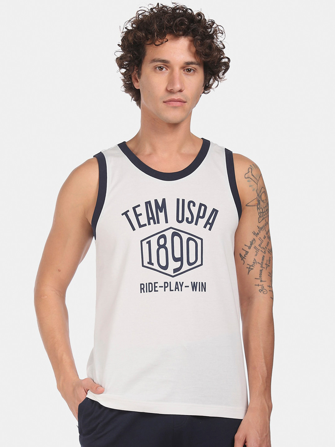 

U.S. Polo Assn. Men Off White & Navy Blue Printed Cotton Basic Innerwear Vest