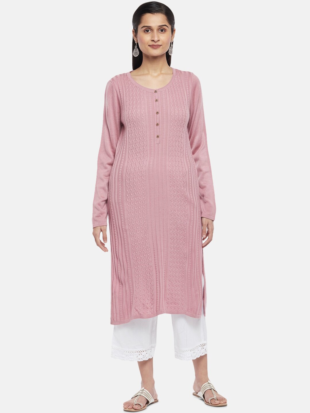 

RANGMANCH BY PANTALOONS Women Pink Striped Thread Work Kurta