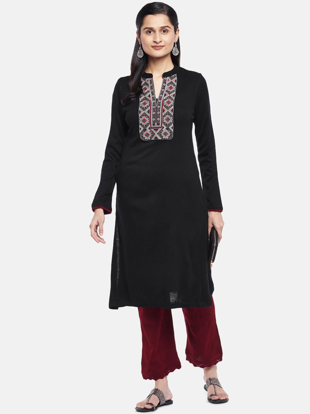 

RANGMANCH BY PANTALOONS Women Black Yoke Design Thread Work Kurta
