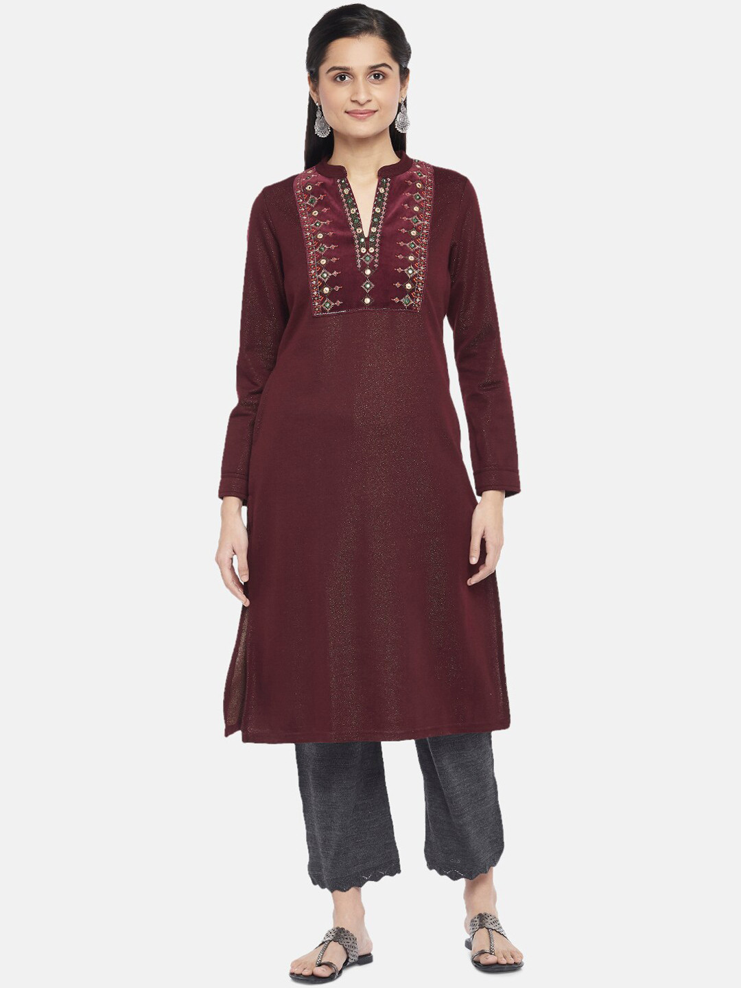 

RANGMANCH BY PANTALOONS Women Maroon Embroidered Mirror Work Kurta