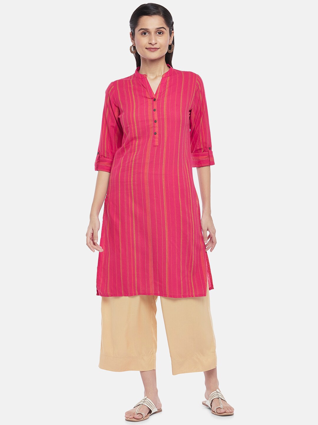 

RANGMANCH BY PANTALOONS Women Fuchsia & Green Striped Kurta