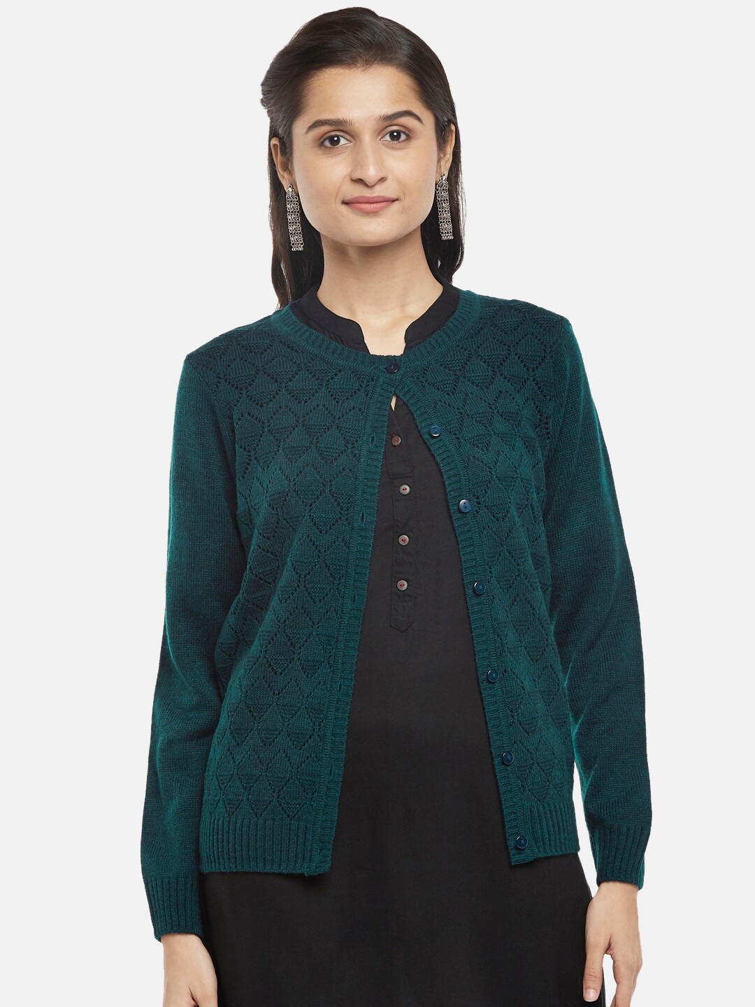 

RANGMANCH BY PANTALOONS Women Teal Cable Knit Acrylic Cardigan