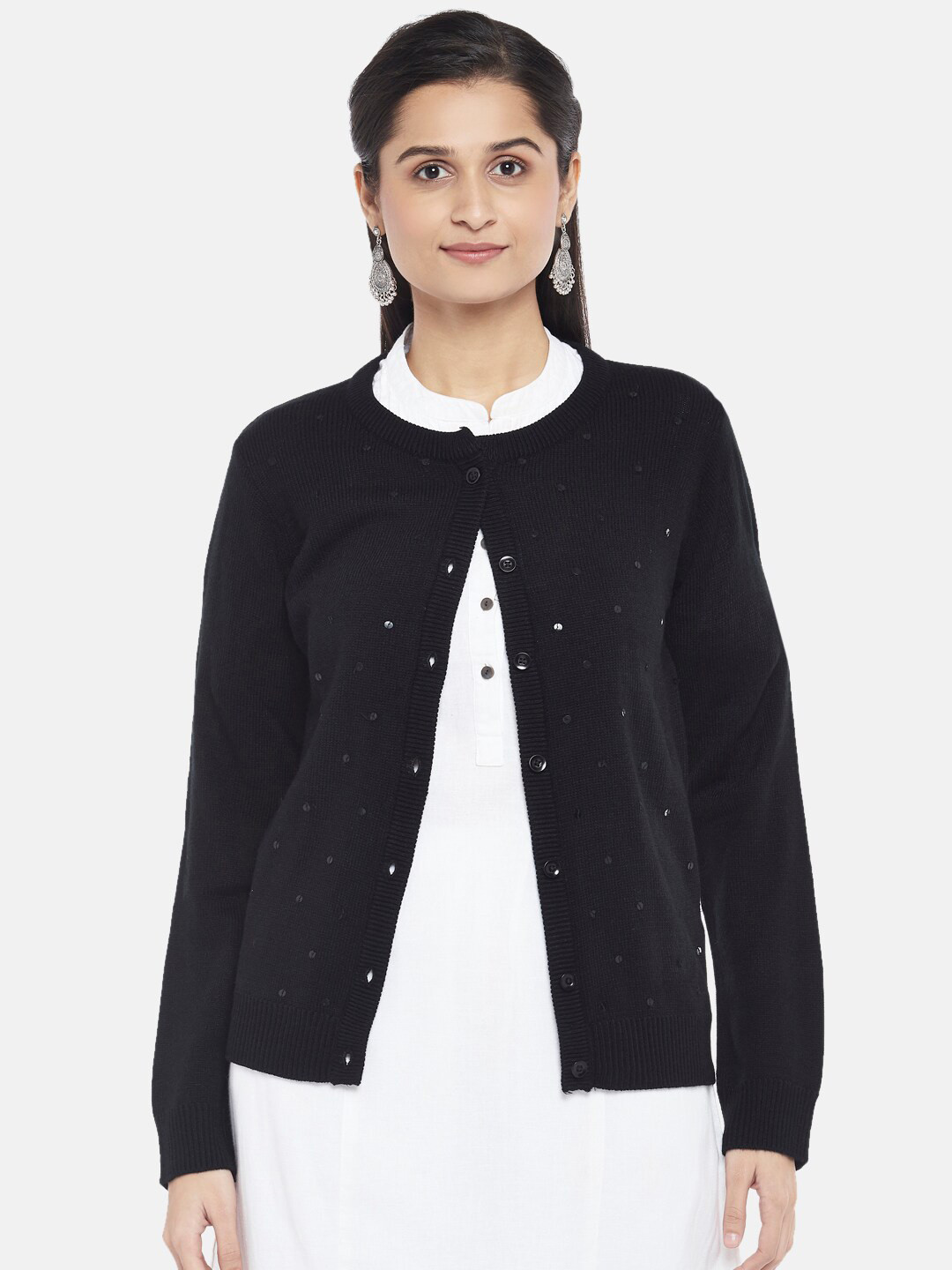 

RANGMANCH BY PANTALOONS Women Black Pure Acrylic Cardigan