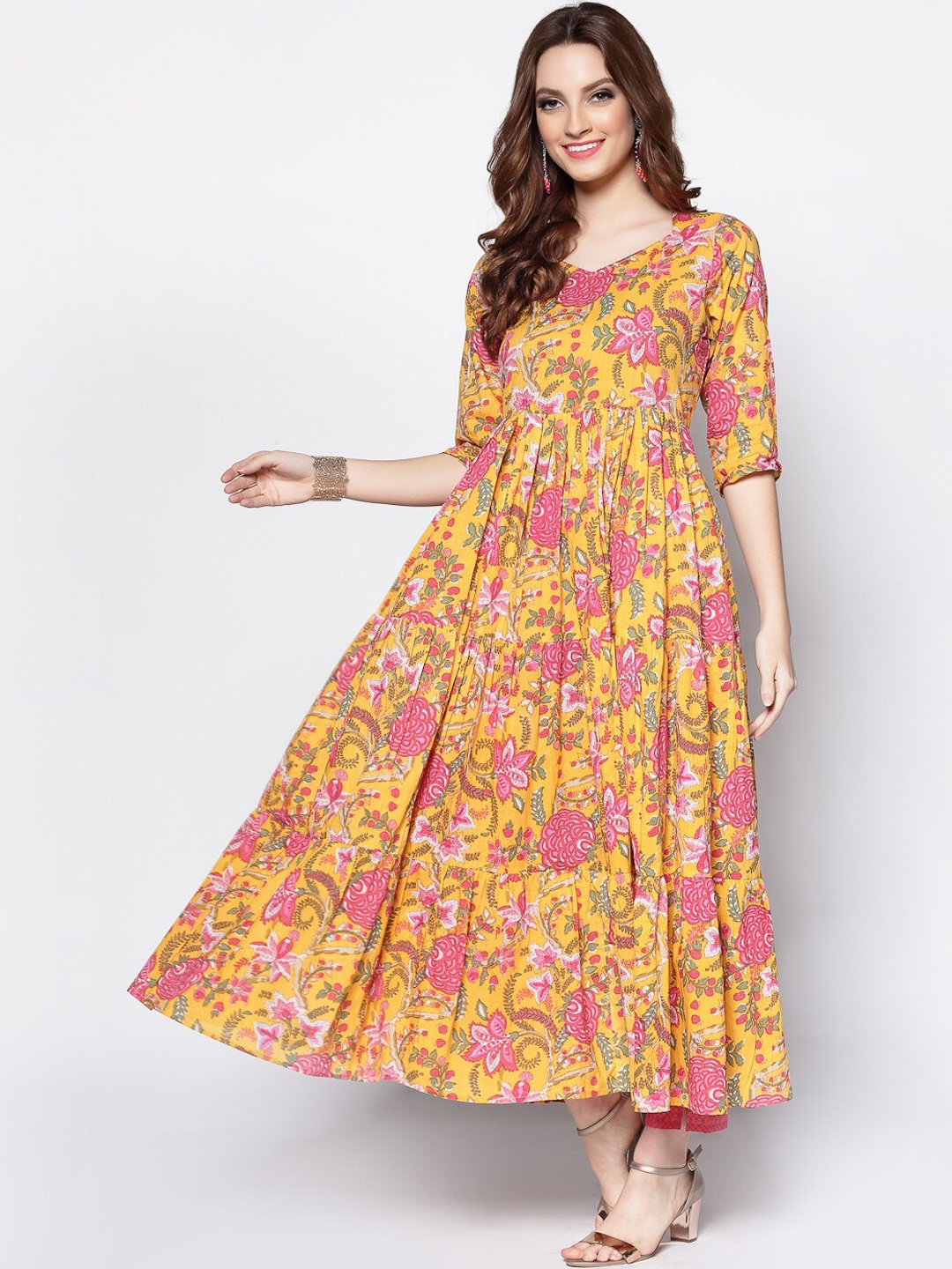 

Sera Women Yellow Floral Printed Cotton Anarkali Kurta