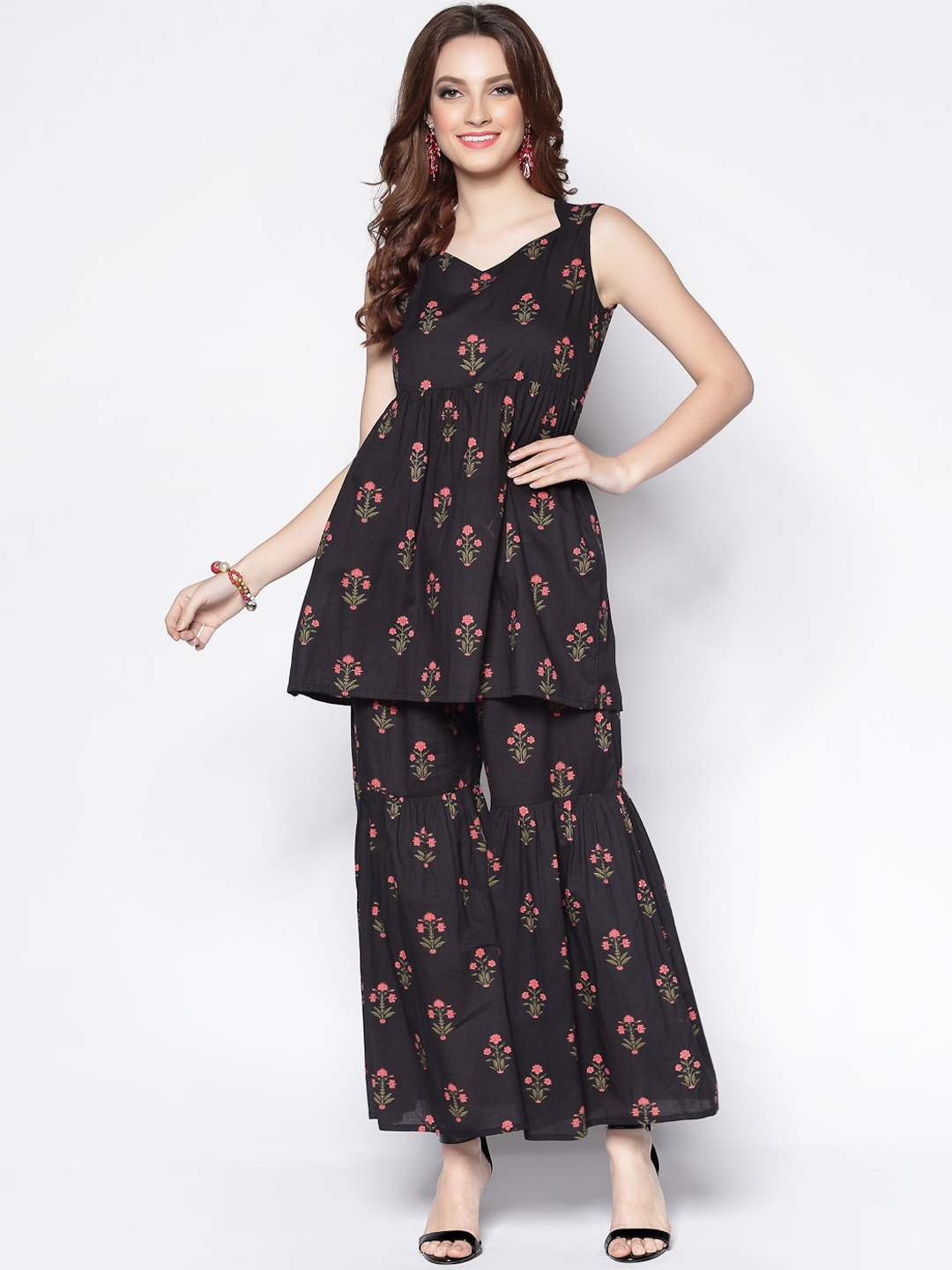 

Sera Women Black Ethnic Motifs Printed Pleated Pure Cotton Kurti with Sharara