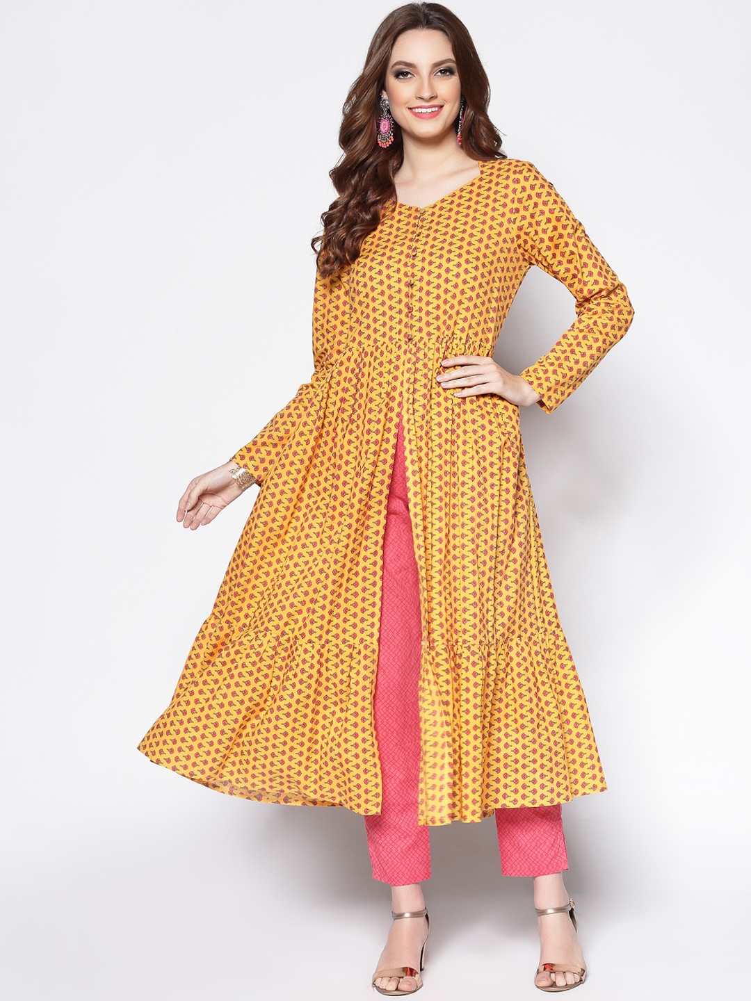 

Sera Women Yellow & Pink Ethnic Motifs Printed Tiered Pure Cotton Kurta with Trousers