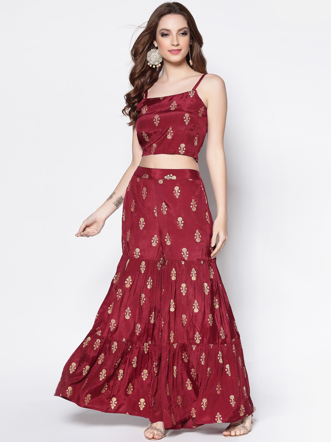 

Sera Women Maroon Ethnic Motifs Printed Crop Top With Sharara