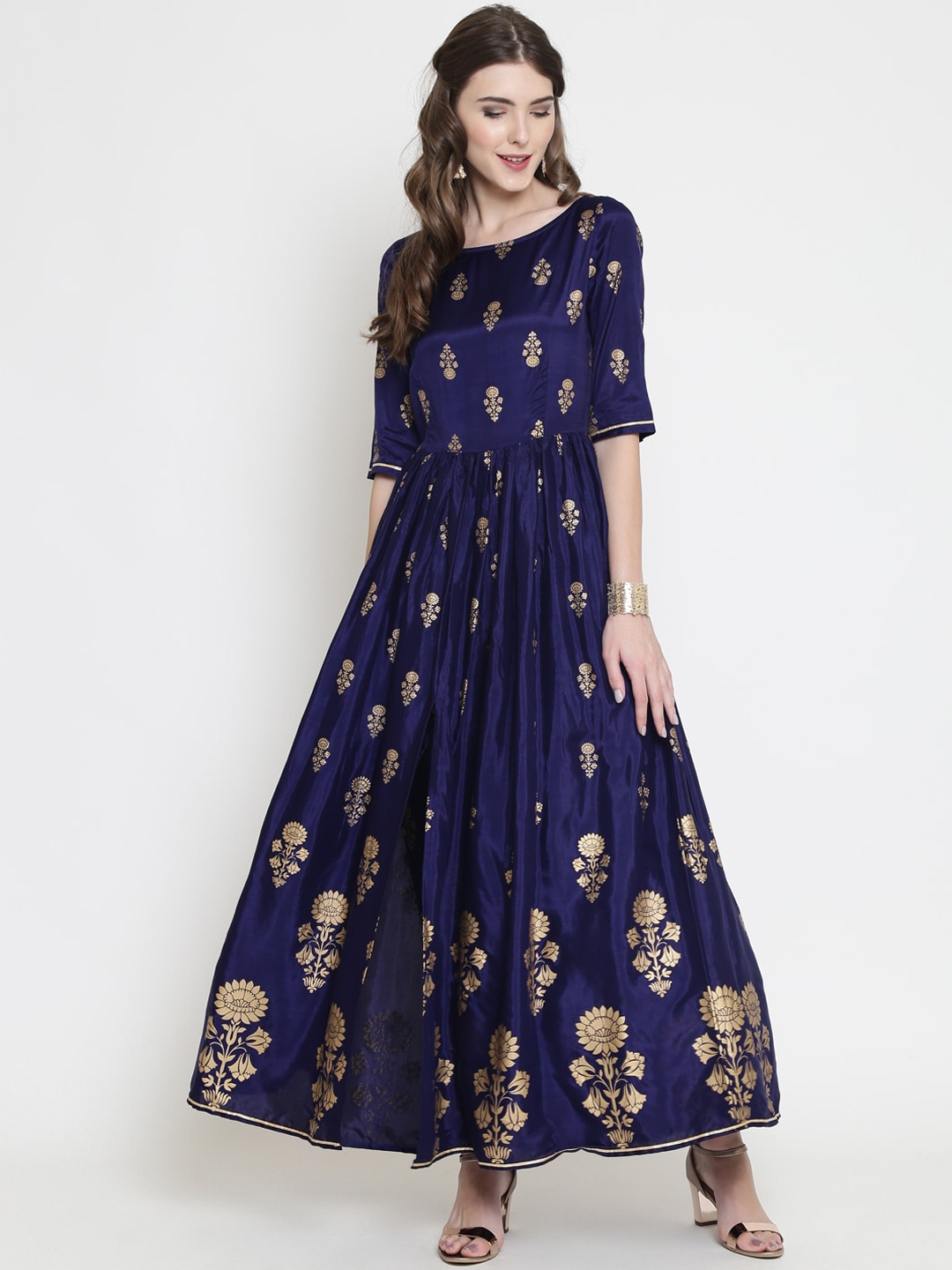 

Sera Women Blue Tribal Printed Flared Sleeves Mirror Work Anarkali Kurta