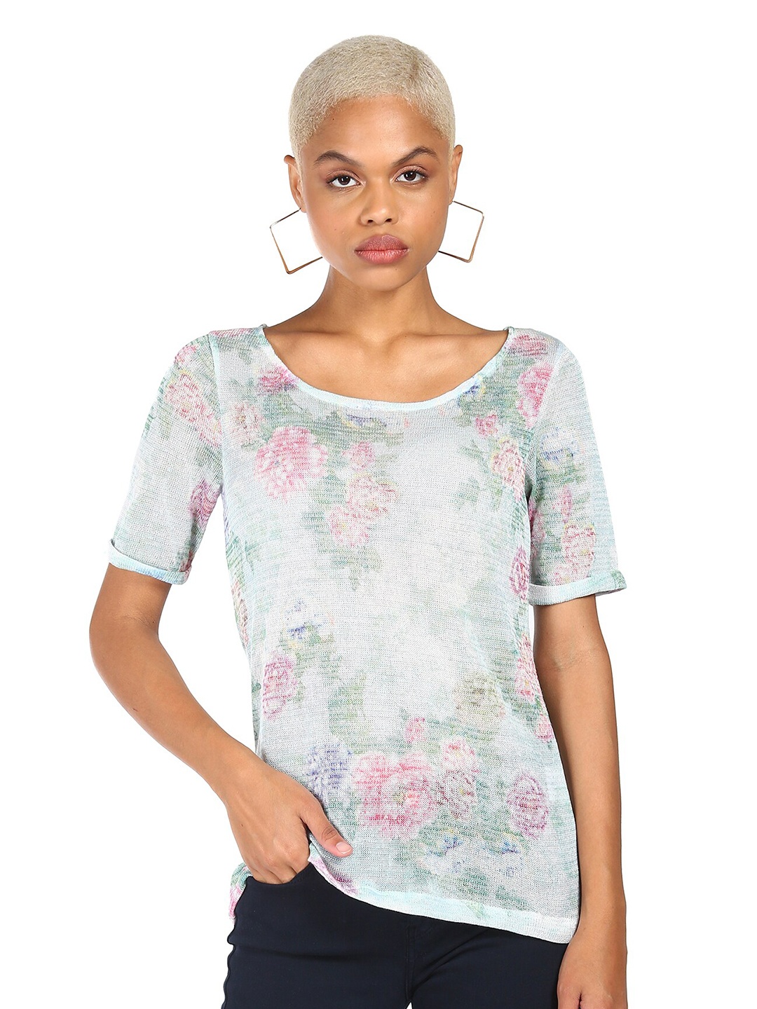 

Cherokee White & Pink Floral Printed Top