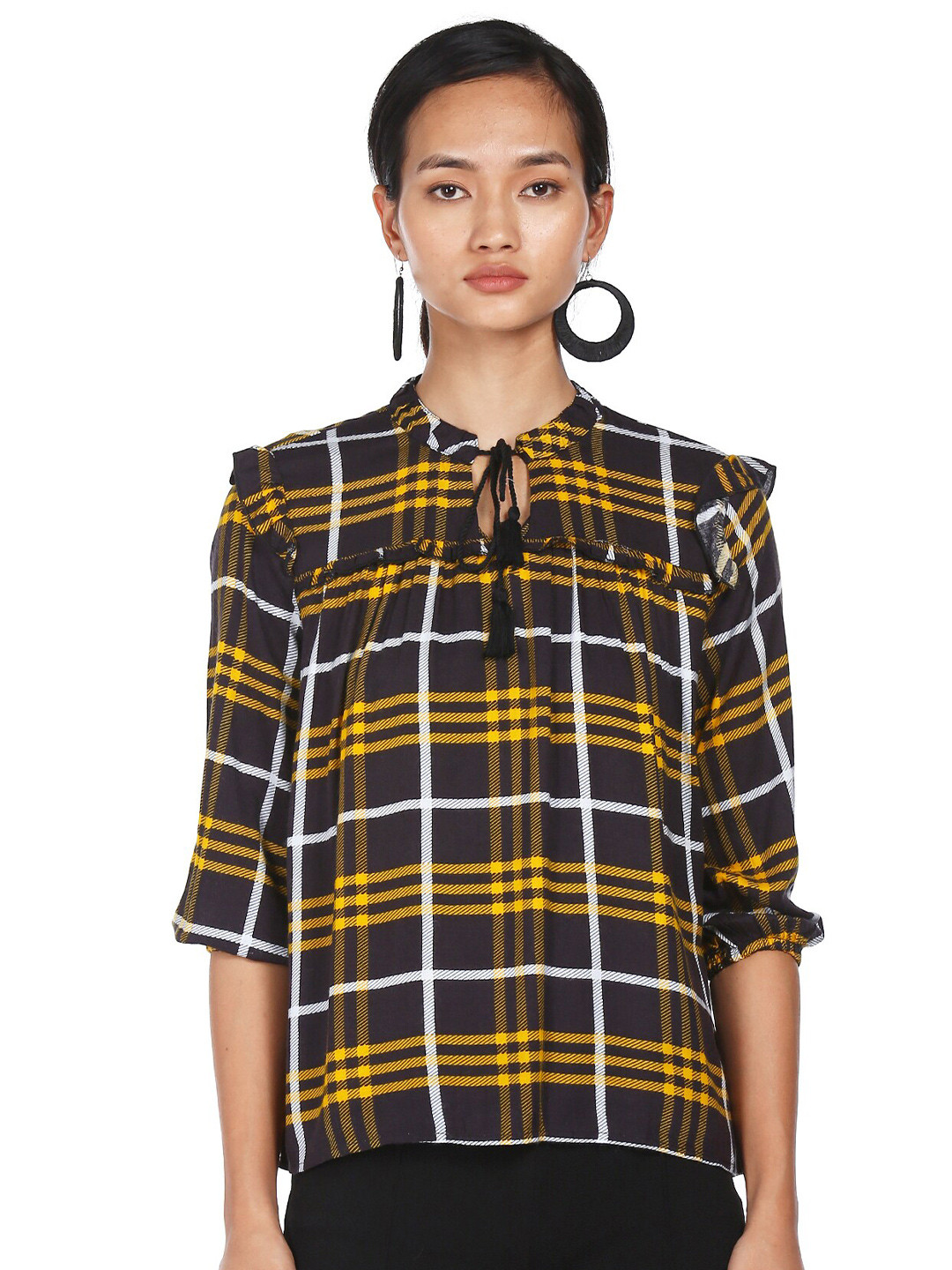 

Cherokee Black & Yellow Checked Tie-Up Neck Regular Top