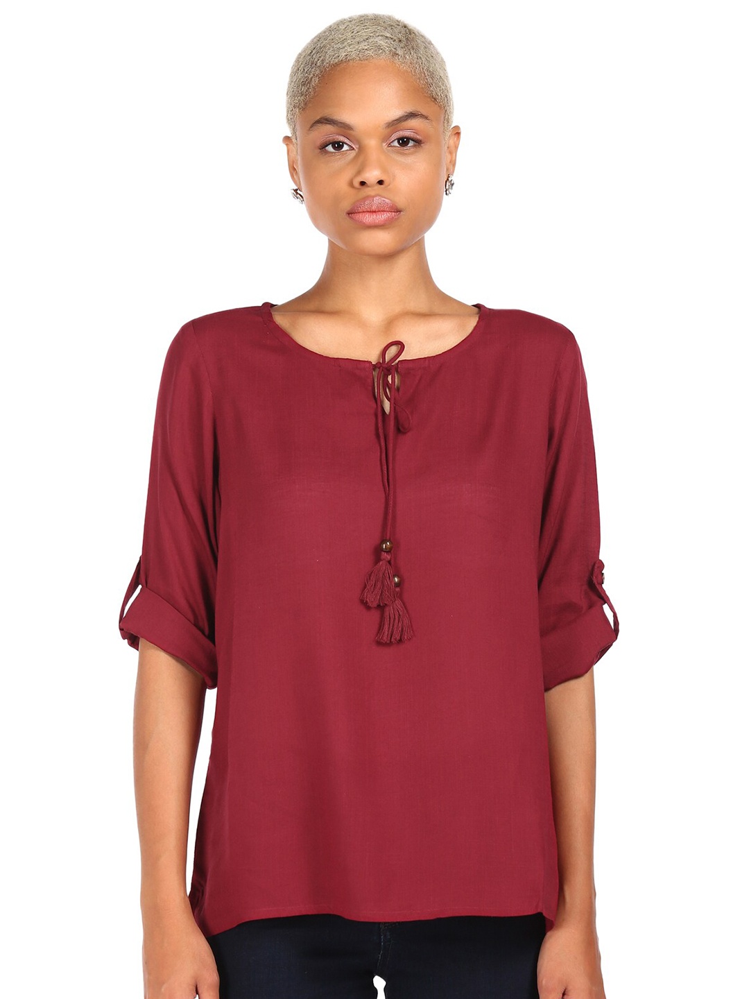 

Cherokee Women Maroon Tie-Up Neck Roll-Up Sleeves Regular Top
