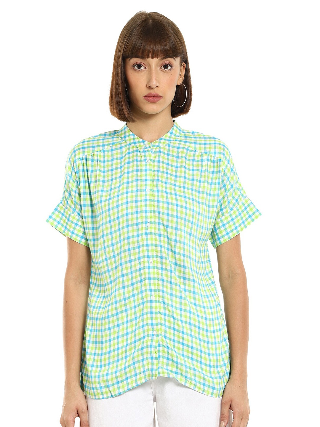 

Cherokee Green Checked Mandarin Collar Extended Sleeves Shirt Style Top