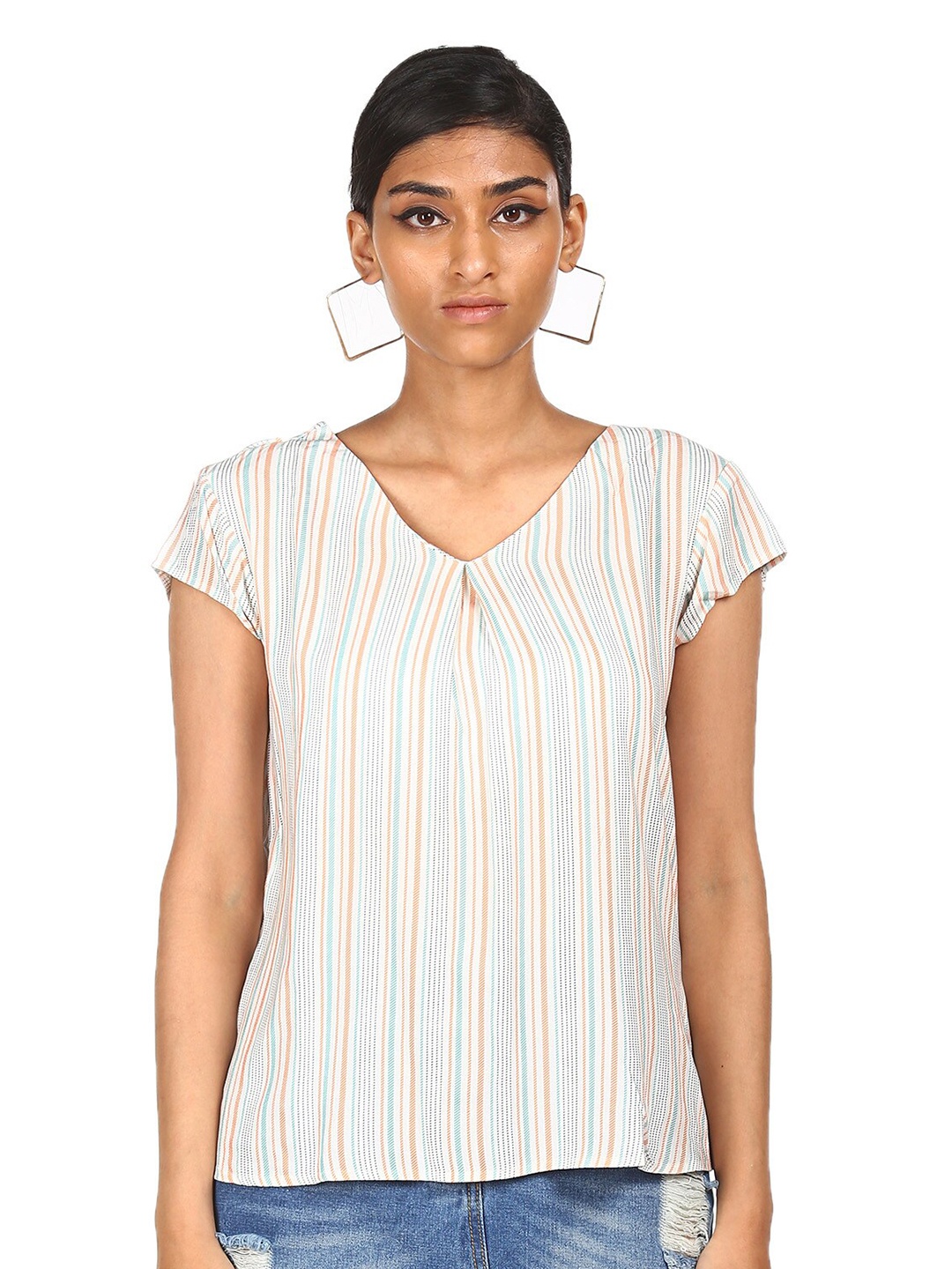 

Cherokee White & Orange Striped Regular Top