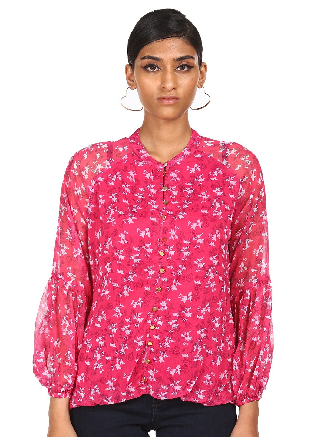 

Cherokee Pink Floral Mandarin Collar Shirt Style Top