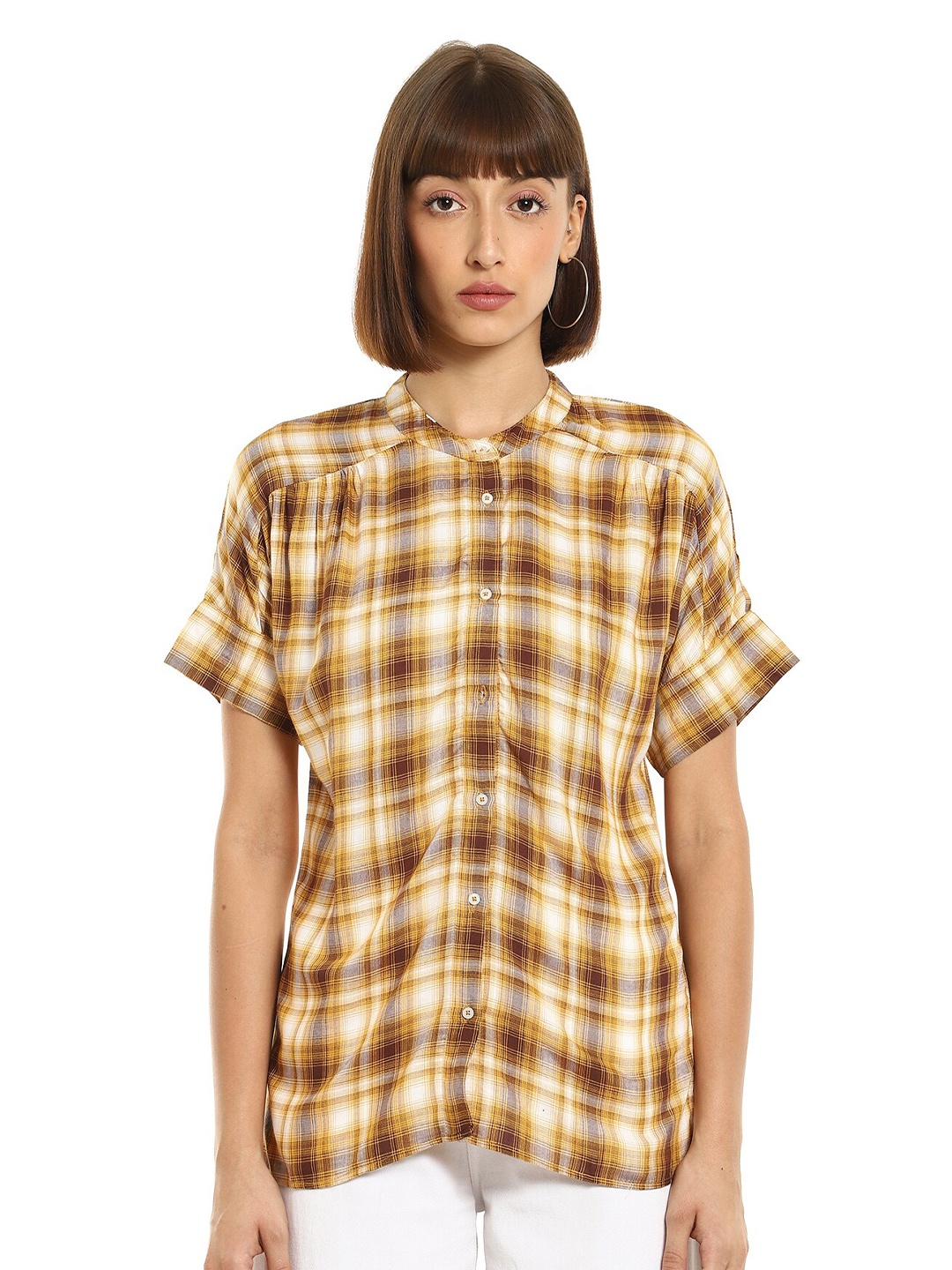 

Cherokee Yellow Checked Mandarin Collar Roll-Up Sleeves Shirt Style Top