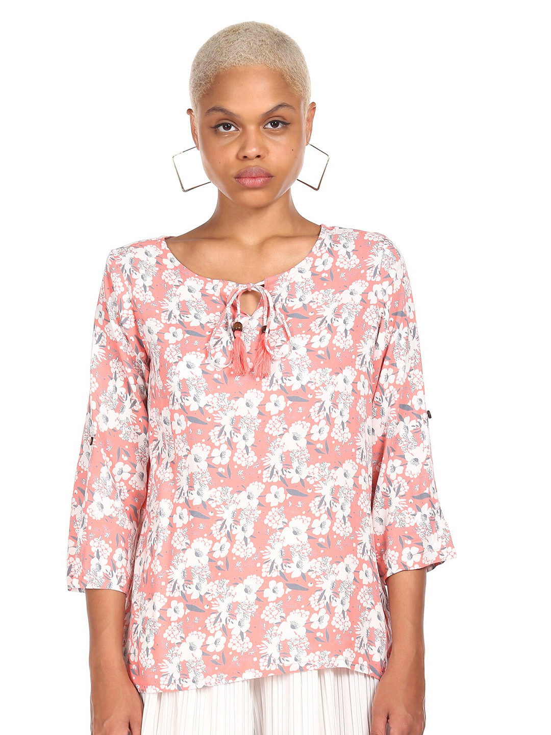 

Cherokee Pink & White Floral Tie-Up Neck Regular Top
