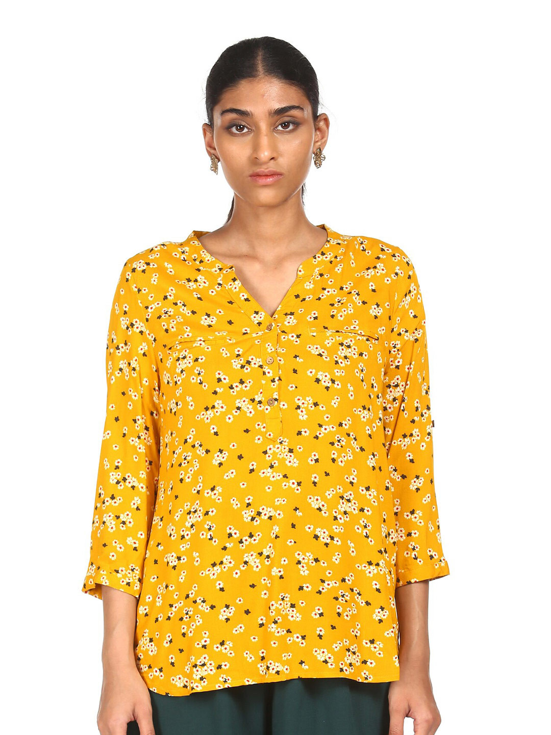 

Cherokee Mustard Yellow Floral Mandarin Collar Shirt Style Top