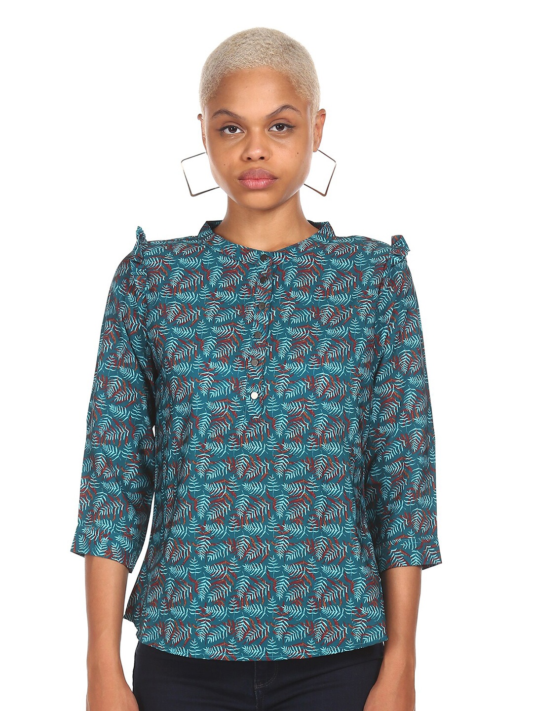 

Cherokee Teal Green & Pink Tropical Mandarin Collar Ruffles Tropical Shirt Style Top