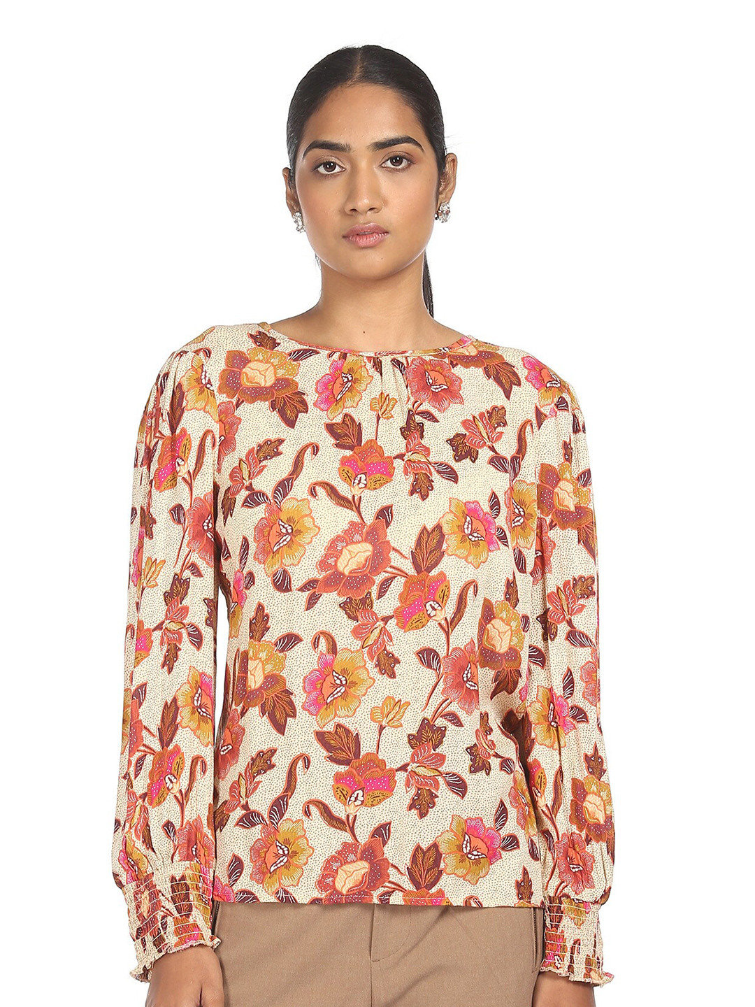 

Cherokee Beige Floral Keyhole Neck Regular Top