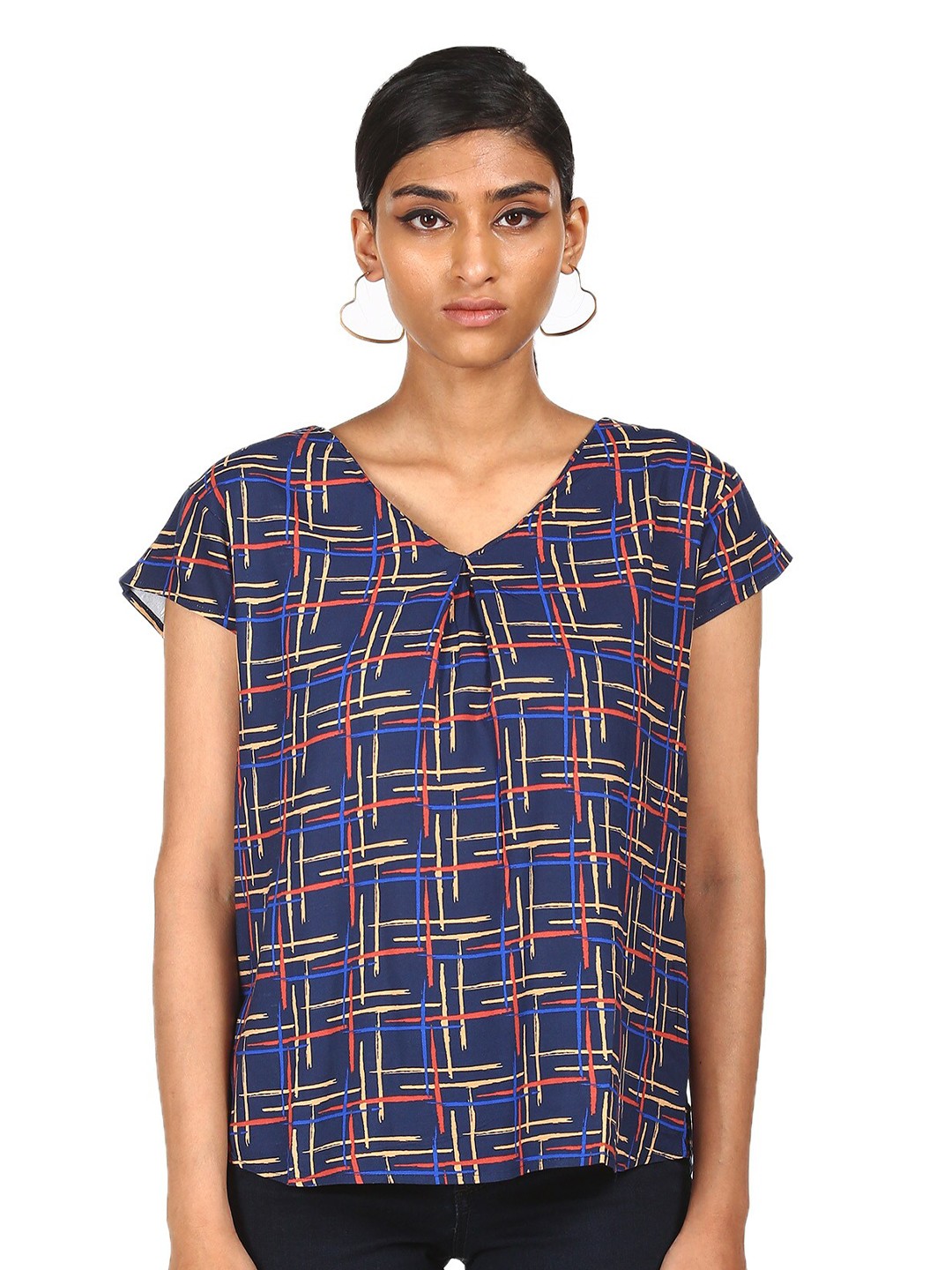 

Cherokee Women Blue & Red Geometric V-neck Regular Top