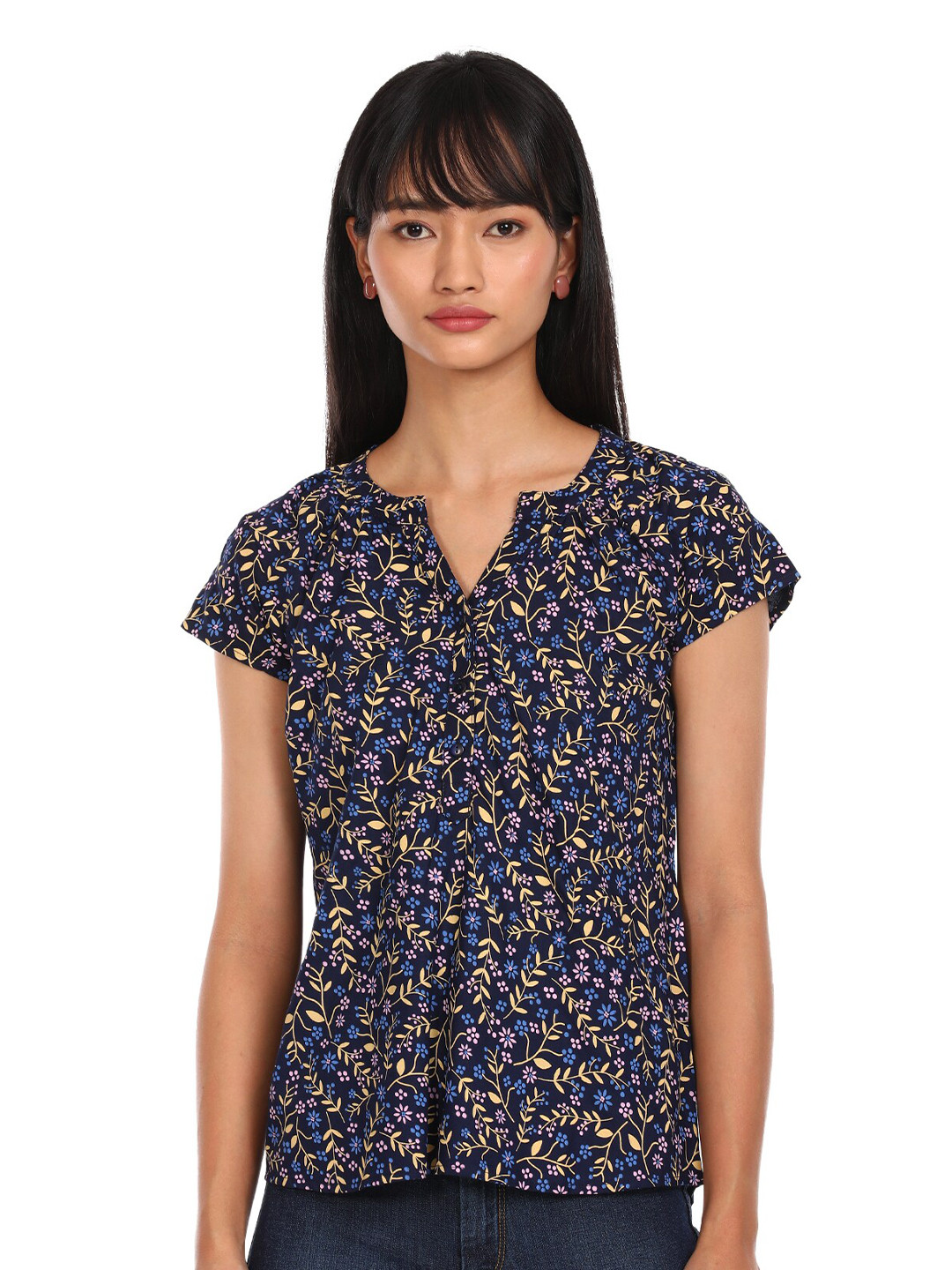 

Cherokee Navy Blue & Yellow Floral Mandarin Collar A-Line Top